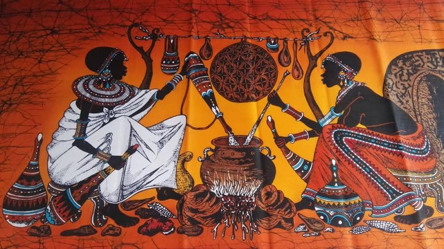 Masai community cooking batik, Ethnic Wall Decor Featuring Maasai, candle wax batik