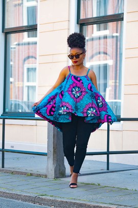 LEENA BLUE AND PINK FLARE TOP