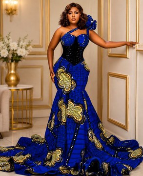 Robe de mariée Ankara bleue sirène / tenue de bal de promo / d’anniversaire / de réception de mariage / pour l’église