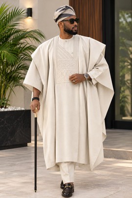 Men's Cream Agbada Set – Three Piece Embroidered Nigerian Traditional Attire with Cap
