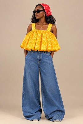 Yellow Ankara Print Ruffle Crop Top – African Print Casual Women’s Top