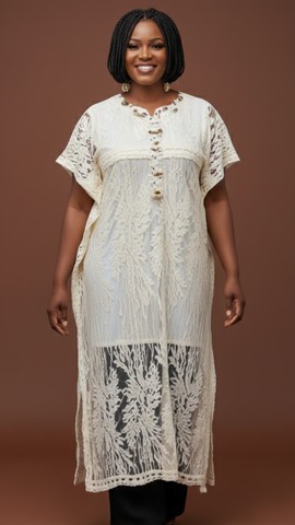 Ivory Ethereal Lace Kaftan: Elegant Botanical Overlay Tunic