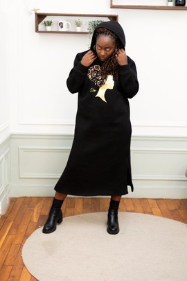 Long Lady Bogolan black &amp; gold sweatshirt dress
