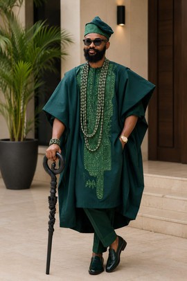 Men's Forest Green Aso Oke Agbada Set – 4 Piece Traditional African Attire with Cap