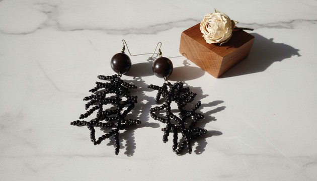 Glossy Black Beaded Statement Earrings – Handcrafted African Wood &amp; Coral Branch Chandelier Earrings