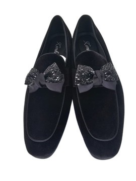 Black Velvet Loafers with Beaded &amp; Ribbon Bows