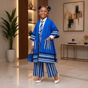 "Girls' Blue Solid &amp; Striped Aso-Oke 2-Piece Kimono Cardigan &amp; Wide-Leg Trouser Set