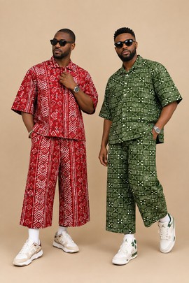Men’s African Print Two-Piece Set – Short Sleeve Shirt and Wide-Leg Trousers