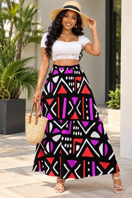 Jupes longues en mousseline à motifs géométriques tribaux africains pour femmes, doublées | Jupe longue à imprimé africain | Bynelo