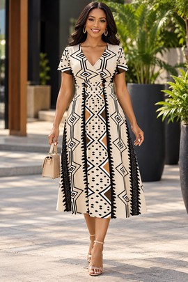 Robe midi à col en V et manches courtes pour femme en imprimé africain | Robe midi en imprimé africain | Bynelo