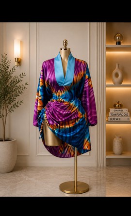 Women's Purple and Blue Sunburst Tie-Dye Wrap Front Mini Dress with Batwing Sleeves