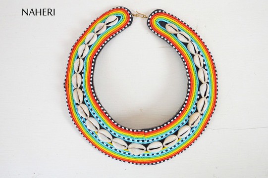 African Maasai Beaded Collar / Cowrie shells bib necklace