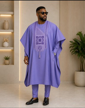 Men's Lavender Purple Agbada Set – Senator Material Traditional Outfit with Floral Embroidery