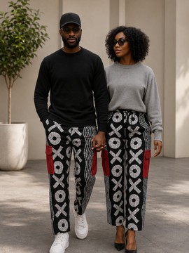 Ankara Print Matching Couple Cargo Pants – Black &amp; White XO Print Trousers with Red Patch Pockets