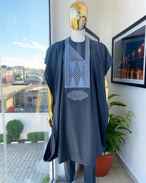 An anchor Grey agbada, interconnected embroidery details, buba &amp; sokoto