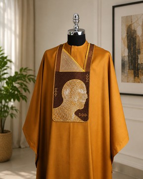 Men's Mustard Gold Cotton Senator Agbada Set – 4 Piece with Wireframe Face Art Panel