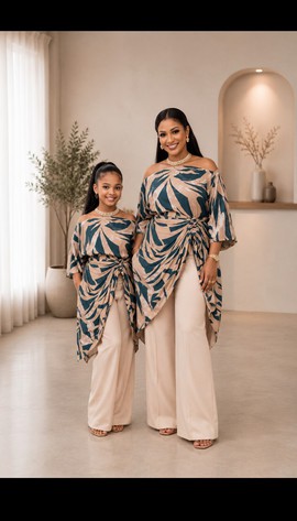 Ensemble assorti mère et enfant composé d’un haut cache-cœur épaules dénudées à imprimé palmier bleu sarcelle et d’un pantalon large – Tenue familiale assortie