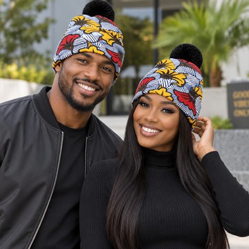African Ankara Wedding Flower Print Knitted Hat With Pom-Pom | Ankara Fashion | Bynelo