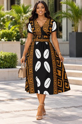 Robe midi à col en V et manches courtes pour femme en imprimé africain | Robe midi en imprimé africain | Bynelo