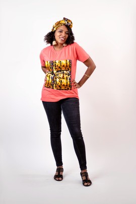 2-pics. Jasmine t-shirt with pre-tied headband (Pink)| Ankara Top| Ankara T-Shirt| Gifts For Her