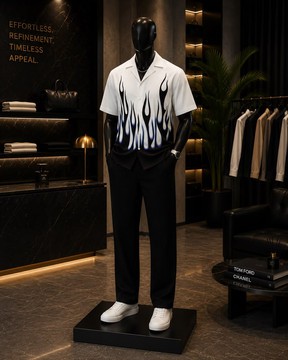 Chemise à col camp à imprimé flammes blanches pour homme et pantalon noir Se