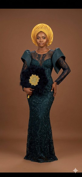 Deep Emerald and Mustard Regal Lace Gown