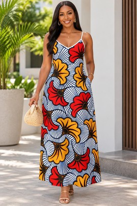 ANKARA WEDDING FLOWER Women's Elegant V-Neck Maxi Dress with Pockets | Ankara Maxi Dress
