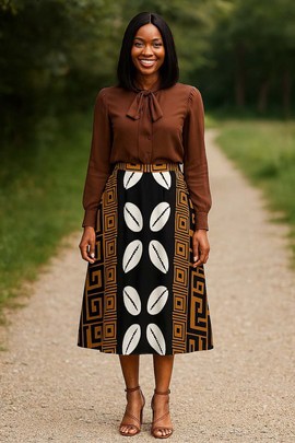 Jupe africaine à imprimé cauris et motif tribal | Longueur midi