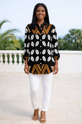 The Golden Horizon Shirt Dress (Cowrie Shell Print) – Where warmth meets elegance