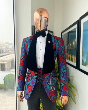 A Tomato Red,fern green, purple &amp; black mix metallic jacquard, shawl lapel tuxedo suit