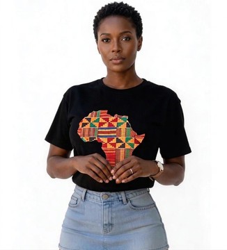 Black T-Shirt with Graphic Kente Africa Map