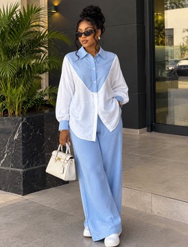 Women's Blue &amp; White Colorblock Oversized Shirt &amp; Wide-Leg Trousers Set – Two-Piece Linen Outfit