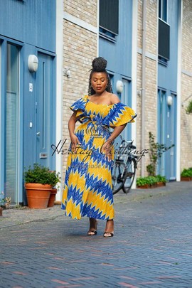 MAYA BLUE AND GOLD INVISIBLE SLIT  DRESS