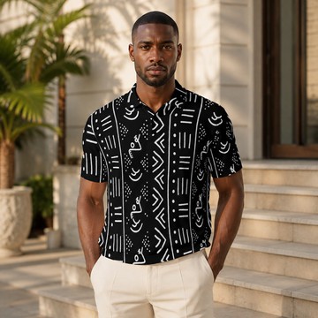 African Abstract Mudcloth Print Men's Heavyweight Polyester Polo Shirt | Afrocentric Menswear