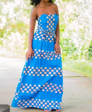 Robe longue en coton à imprimé africain Ankara bleu damier multicolore bustier ceinturé sans manches
