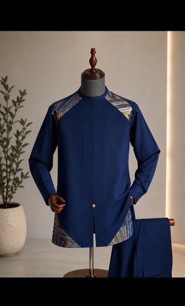 Ensemble sénateur bleu marine pour homme avec panneau imprimé tissé – Tenue traditionnelle native deux pièces