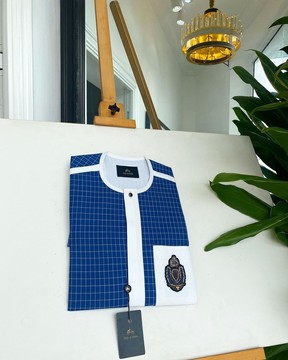 An Ivory white and blue check, black Swarovski buttons, kaftan