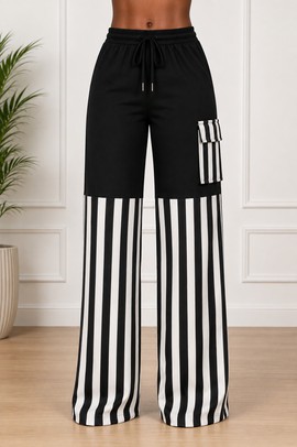 Pantalon large à blocs de couleurs rayés noir et blanc pour femme – Pantalon en coton Aso Oke à cordon de serrage