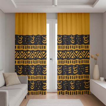 Black and Gold Curtain - Mudcloth Print Blackout Style (Two-Piece) LARGER SIZES AVAILABLE