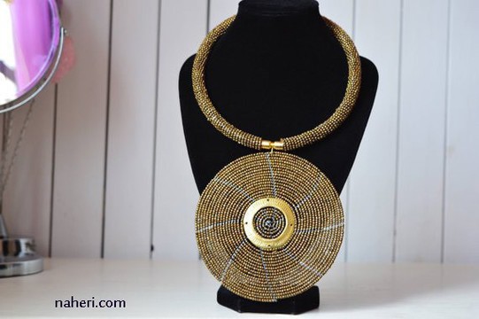 African brown beaded necklace disc pendant with brass