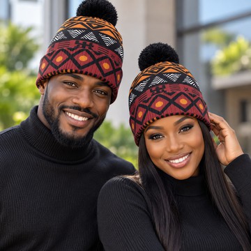 Bonnet tricoté à imprimé Bogolan en tissu de boue avec pompon | Accessoire hivernal afrocentrique | Bynelo