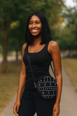 Black and White African Leather Bag Round Sling