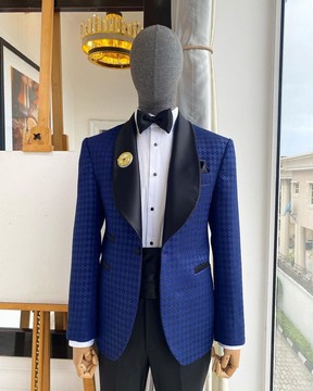A Navy and midnight mixed square pattern jacquard shawl lapel tuxedo suit