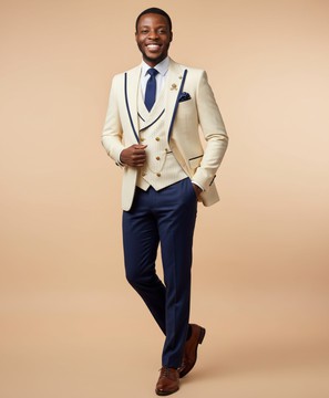 Ivory &amp; Navy Contrast 3-Piece Suit | Bespoke Slim Fit Wedding &amp; Formal Attire