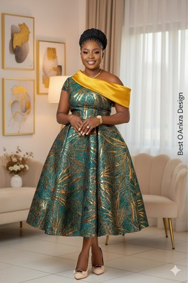 Luxury Green &amp; Gold Brocade Flare Dress