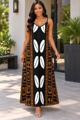 Robe longue élégante à col V pour femme, imprimé cauris audacieux | Robe longue ornée de cauris | Bynelo