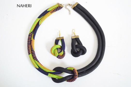 African print rope necklace and earrings set. Ankara print fabric jewelry