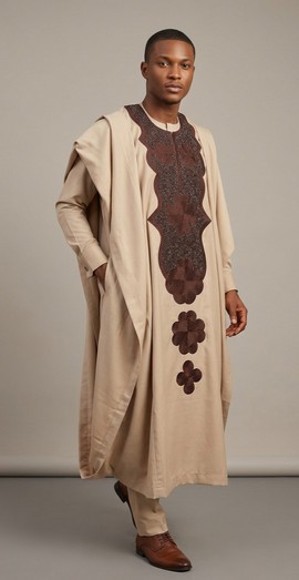 Men's beige 3-piece Agbada with brown floral | traditional wear