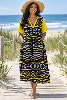 Colourful Mudcloth Tribal Women's Loose V-Neck Midi Dress | African Print Fashion | Bynelo