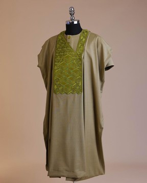 An Olive Green, Connected inverted cube -layered 3D embroidery  agbada, buba &amp; sokoto